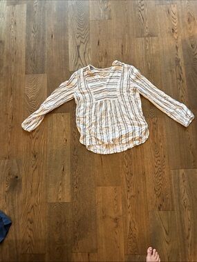 LOFT Cream & Blue Striped Long-Sleeve Peasant Blouse
